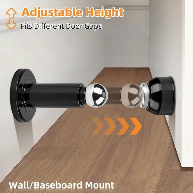 Alt view image 3 of 7 - Magnetic Door Stop, 2 Pack Door Stoppers Magnetic Door Catch, Heavy Duty Adjustable Doorstops Wall Floor Black Magnet Door Holder, Stainless Steel