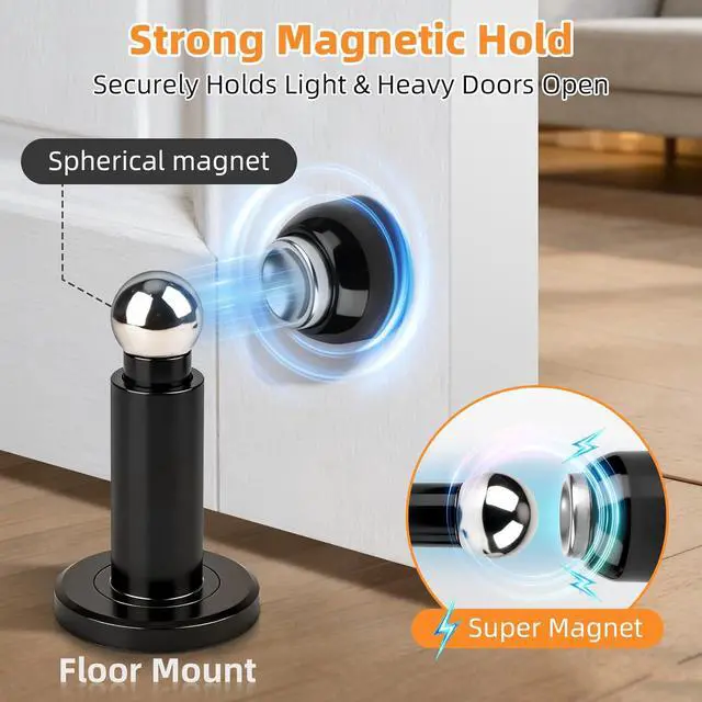 Alt view image 5 of 7 - Magnetic Door Stop, 2 Pack Door Stoppers Magnetic Door Catch, Heavy Duty Adjustable Doorstops Wall Floor Black Magnet Door Holder, Stainless Steel