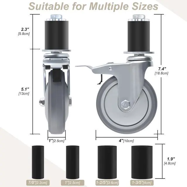 Alt view image 2 of 7 - 4 Inch Prep Table Caster Wheels Set, 4 Heavy Duty Expanding Stem Casters Fit 7/8", 1", 1-1/2", 1-5/8" Tube Leg with Brake for Stainless Steel Table, Cart, Furniture Legs, Kitchen Workbench