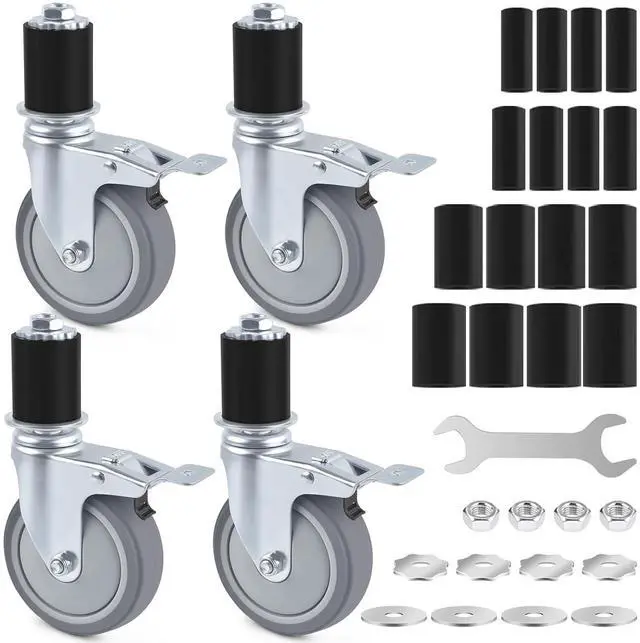 Main image of 4 Inch Prep Table Caster Wheels Set, 4 Heavy Duty Expanding Stem Casters Fit 7/8", 1", 1-1/2", 1-5/8" Tube Leg with Brake for Stainless Steel Table, Cart, Furniture Legs, Kitchen Workbench