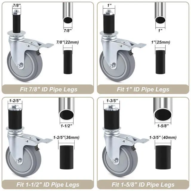 Alt view image 3 of 7 - 4 Inch Prep Table Caster Wheels Set, 4 Heavy Duty Expanding Stem Casters Fit 7/8", 1", 1-1/2", 1-5/8" Tube Leg with Brake for Stainless Steel Table, Cart, Furniture Legs, Kitchen Workbench