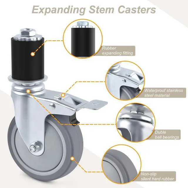 Alt view image 5 of 7 - 4 Inch Prep Table Caster Wheels Set, 4 Heavy Duty Expanding Stem Casters Fit 7/8", 1", 1-1/2", 1-5/8" Tube Leg with Brake for Stainless Steel Table, Cart, Furniture Legs, Kitchen Workbench