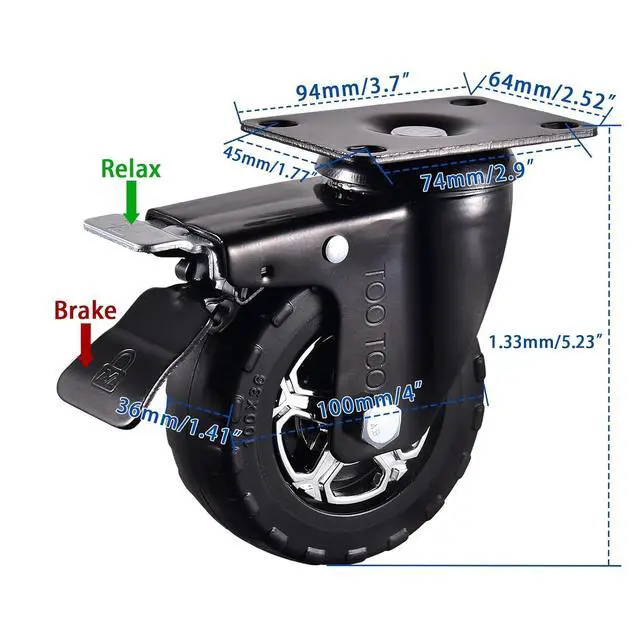 Alt view image 2 of 6 - 4 Inch Caster Wheels Set of 4 Heavy Duty Natural Elastic Rubber Wheels with Locking 2200Lbs Load Capacity, Silent Swivel 360° Rotation. Ideal for Industrial Carts, Trolleys, Workbenches, and Casters