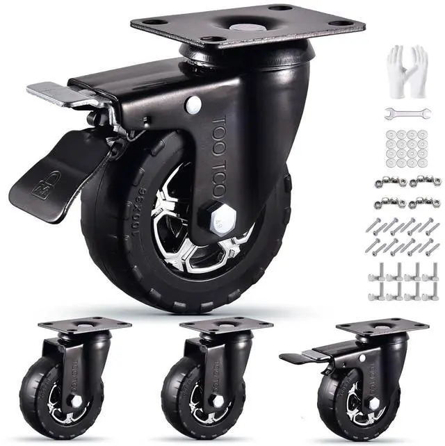 Main image of 4 Inch Caster Wheels Set of 4 Heavy Duty Natural Elastic Rubber Wheels with Locking 2200Lbs Load Capacity, Silent Swivel 360° Rotation. Ideal for Industrial Carts, Trolleys, Workbenches, and Casters