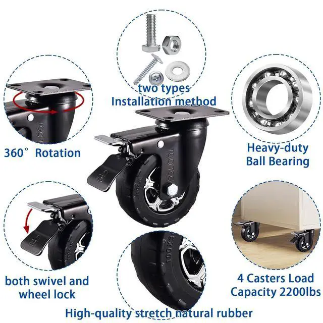 Alt view image 4 of 6 - 4 Inch Caster Wheels Set of 4 Heavy Duty Natural Elastic Rubber Wheels with Locking 2200Lbs Load Capacity, Silent Swivel 360° Rotation. Ideal for Industrial Carts, Trolleys, Workbenches, and Casters