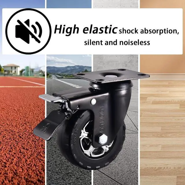 Alt view image 3 of 6 - 4 Inch Caster Wheels Set of 4 Heavy Duty Natural Elastic Rubber Wheels with Locking 2200Lbs Load Capacity, Silent Swivel 360° Rotation. Ideal for Industrial Carts, Trolleys, Workbenches, and Casters
