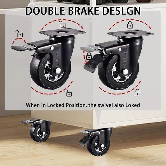 Alt view image 5 of 6 - 4 Inch Caster Wheels Set of 4 Heavy Duty Natural Elastic Rubber Wheels with Locking 2200Lbs Load Capacity, Silent Swivel 360° Rotation. Ideal for Industrial Carts, Trolleys, Workbenches, and Casters
