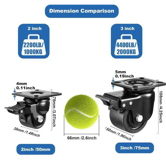 Alt view image 2 of 7 - 2-inch Plate Swivel Caster Wheels Set of 4 Heavy Duty, Load Capacity 2200lbs, Low Gravity Center Black Extra Width Caster with Brake, Durable & Quiet & Sturdy Nylon Wheels for Industrial