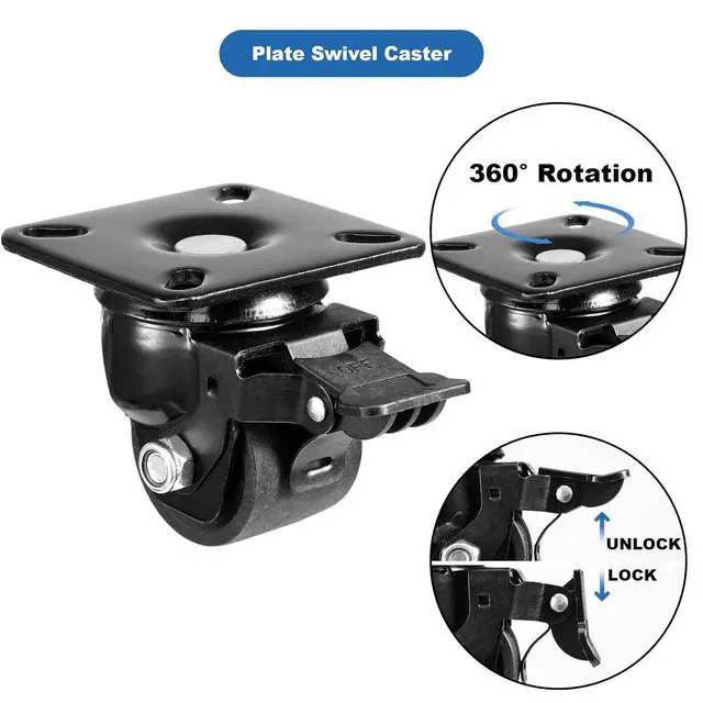 Alt view image 4 of 7 - 2-inch Plate Swivel Caster Wheels Set of 4 Heavy Duty, Load Capacity 2200lbs, Low Gravity Center Black Extra Width Caster with Brake, Durable & Quiet & Sturdy Nylon Wheels for Industrial