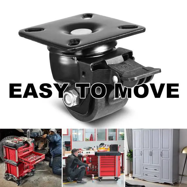 Alt view image 6 of 7 - 2-inch Plate Swivel Caster Wheels Set of 4 Heavy Duty, Load Capacity 2200lbs, Low Gravity Center Black Extra Width Caster with Brake, Durable & Quiet & Sturdy Nylon Wheels for Industrial
