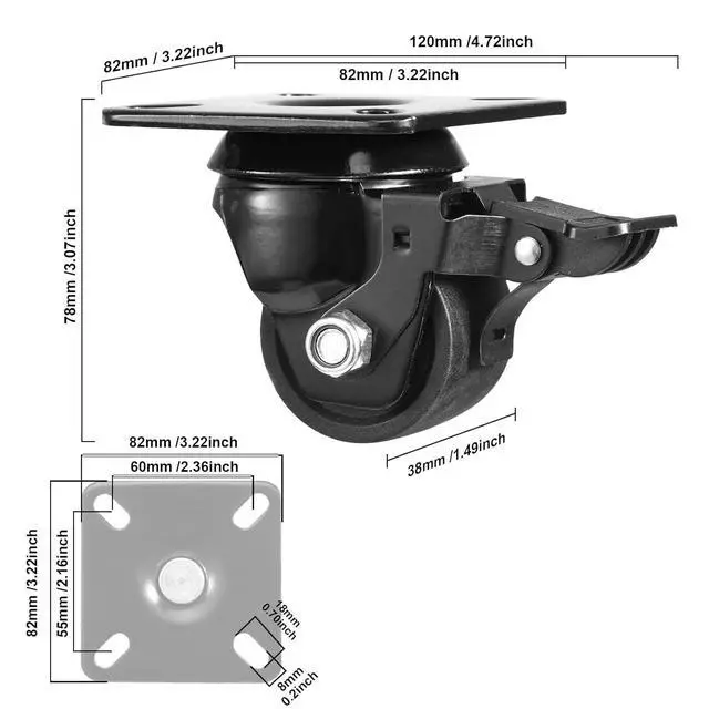 Alt view image 5 of 7 - 2-inch Plate Swivel Caster Wheels Set of 4 Heavy Duty, Load Capacity 2200lbs, Low Gravity Center Black Extra Width Caster with Brake, Durable & Quiet & Sturdy Nylon Wheels for Industrial