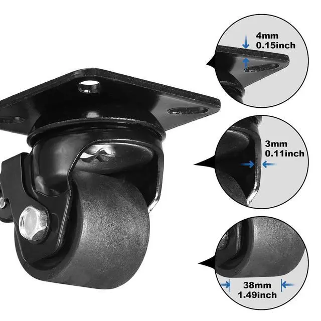 Alt view image 7 of 7 - 2-inch Plate Swivel Caster Wheels Set of 4 Heavy Duty, Load Capacity 2200lbs, Low Gravity Center Black Extra Width Caster with Brake, Durable & Quiet & Sturdy Nylon Wheels for Industrial