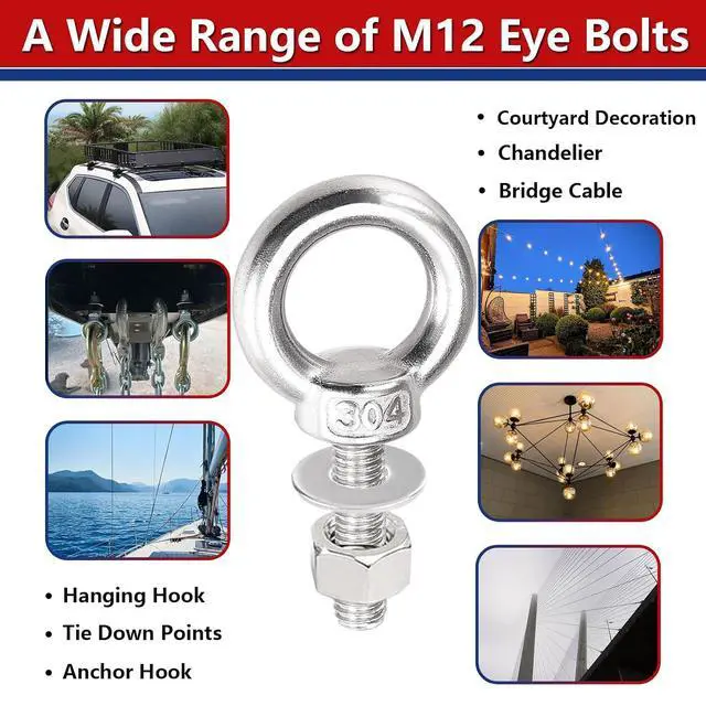 Alt view image 6 of 6 - Lifting Shoulder Eye Bolts, Heavy Duty Screw Bolt 304 Stainless Steel Lifting Ring Threaded Eyebolts with Washers and Nuts for Indoor Outdoor