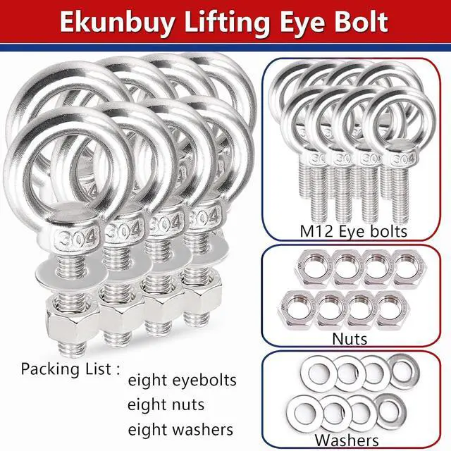 Alt view image 5 of 6 - Lifting Shoulder Eye Bolts, Heavy Duty Screw Bolt 304 Stainless Steel Lifting Ring Threaded Eyebolts with Washers and Nuts for Indoor Outdoor