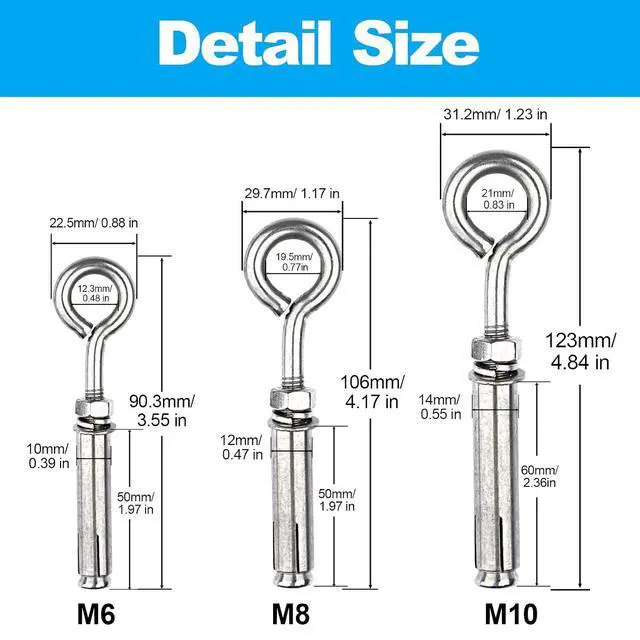 Alt view image 3 of 7 - Shoulder Eye Bolts M10 Heavy Duty Shoulder Lag Eyebolts, Stainless Steel Expansion Screws Wall Concrete Anchors Fastener with Nut for Wall Ceiling Concrete Masonry, 10PCS