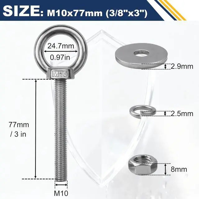 Alt view image 2 of 7 - 8 Pack M10 Stainless Steel Eye Bolts with Nuts, 3/8" x 3" Long Lifting Ring Eye Bolt Eye Bolts Heavy Duty for Hang Tie Down Outdoor (8, M10x77mm (3/8"x3"))