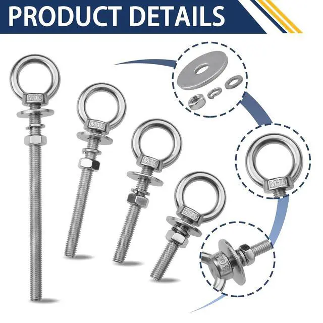 Alt view image 3 of 7 - 8 Pack M10 Stainless Steel Eye Bolts with Nuts, 3/8" x 3" Long Lifting Ring Eye Bolt Eye Bolts Heavy Duty for Hang Tie Down Outdoor (8, M10x77mm (3/8"x3"))