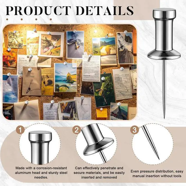 Alt view image 3 of 6 - 300 Pcs Aluminum Head Push Pins with 5/8" Steel Solid Metal Thumb Tacks Silver Push Pins for Wall Office Study Bulletin Boards Hanging Posters Marked Maps Fixed Objects Decoration