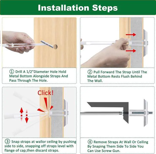Alt view image 4 of 7 - Drywall Anchor with Included Bolts for 1/4-20 Fastener Size, Wall Anchors Drywall Heavy Duty for TV Mounting, Hollow-Wall Anchors Screws Kit Holds Up to 270 Pounds Each in 1/2-in Drywall-100 Pack