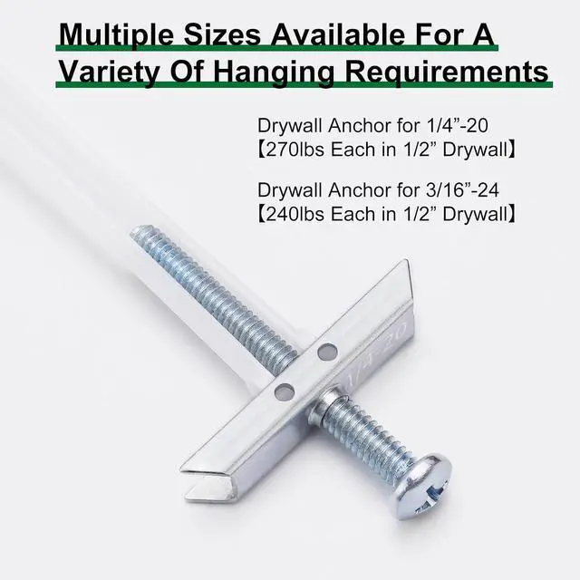 Alt view image 6 of 7 - Drywall Anchor with Included Bolts for 1/4-20 Fastener Size, Wall Anchors Drywall Heavy Duty for TV Mounting, Hollow-Wall Anchors Screws Kit Holds Up to 270 Pounds Each in 1/2-in Drywall-100 Pack