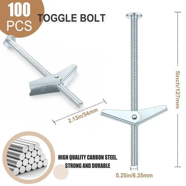 Alt view image 2 of 6 - 100 pcs 1/4'' x 5'' Toggle Bolts Butterfly Screws Anchors Heavy Duty Wall Anchors for Drywall with Wing Nuts for Hanging Heavy Objects on Drywall