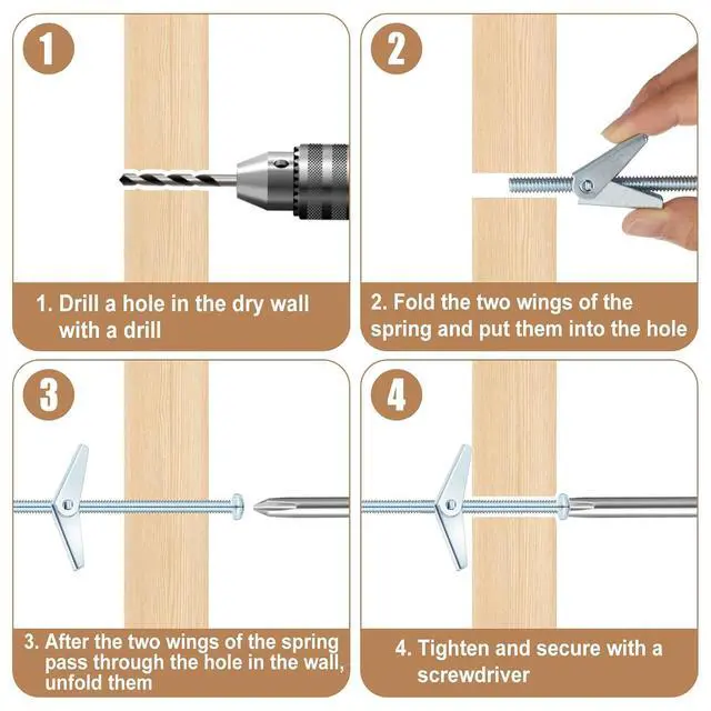 Alt view image 4 of 6 - 100 pcs 1/4'' x 5'' Toggle Bolts Butterfly Screws Anchors Heavy Duty Wall Anchors for Drywall with Wing Nuts for Hanging Heavy Objects on Drywall