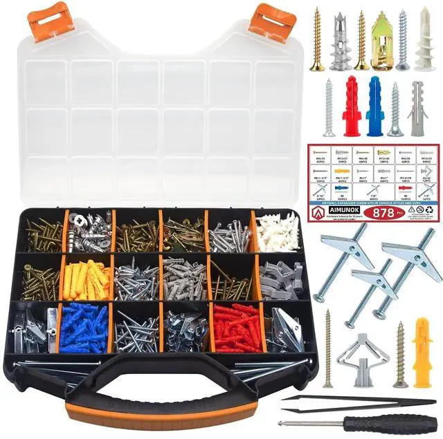 Main image of 878-Piece Value Combo Set Plastic Drywall Anchor kit with Screws and Wing Nut Kit for Hanging Heavy Items on Drywall, 10 Sizes Total Plus Screw tweezer Tool Set