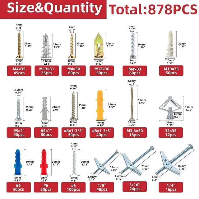 Alt view image 2 of 7 - 878-Piece Value Combo Set Plastic Drywall Anchor kit with Screws and Wing Nut Kit for Hanging Heavy Items on Drywall, 10 Sizes Total Plus Screw tweezer Tool Set