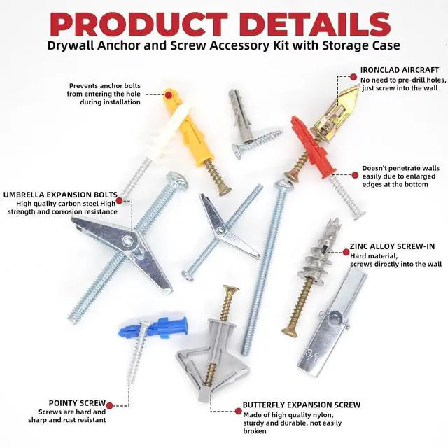 Alt view image 4 of 7 - 878-Piece Value Combo Set Plastic Drywall Anchor kit with Screws and Wing Nut Kit for Hanging Heavy Items on Drywall, 10 Sizes Total Plus Screw tweezer Tool Set