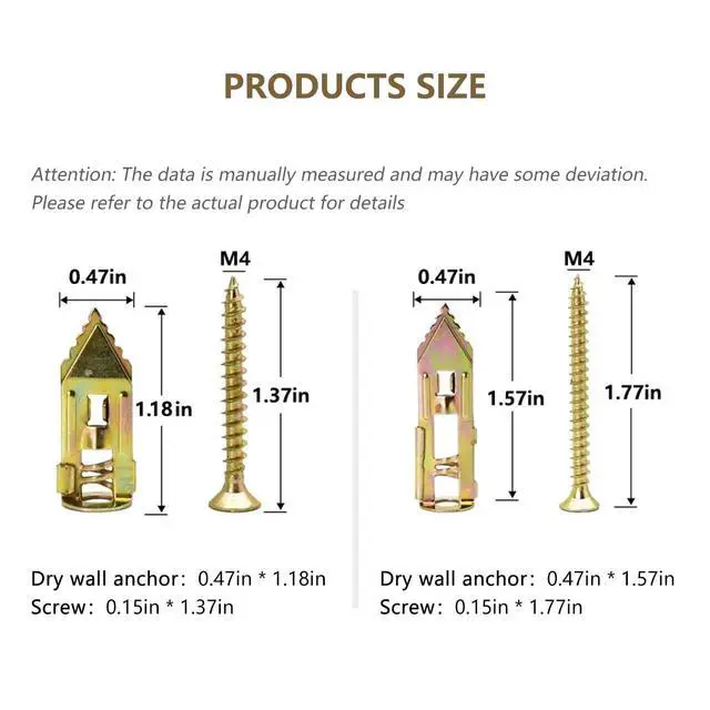 Alt view image 2 of 7 - Self-Drilling Drywall Anchors,Heavy Duty Drywall Anchors and Screws kit,Door Hinge Repair Tool,Dry Wall Anchors for Fixing Wall Decor, Furniture,Statues,Photo Frames (1.57IN,100Pcs)