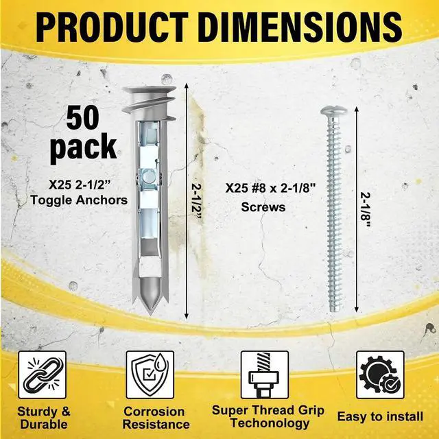 Alt view image 2 of 6 - 50 Pcs Heavy Duty Drywall Anchors Self-Drilling Drywall Toggle Bolts and Zinc Screws Kit Metal Hollow Wall Door Anchors with #8 x 2-1/8 Inch Screws Holds up to 100 Lbs for Hollow Wall Hanging