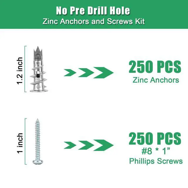 Alt view image 2 of 5 - 500PCS Zinc Self-Drilling Drywall Anchors with Screws Kit, 250pcs Heavy Duty Metal Wall Anchors and 250pcs #8 x 1'' Screws