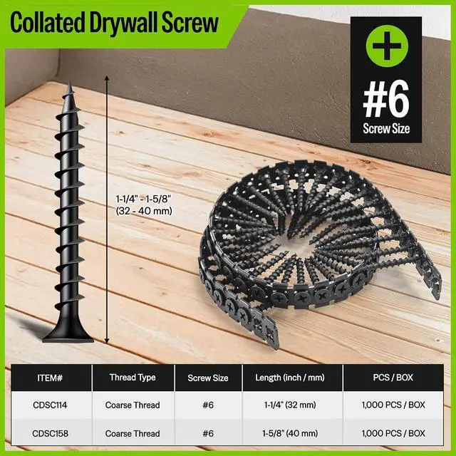 Alt view image 2 of 7 - Collated Drywall Screws, #6 x 1-1/4" Coarse Thread Wood Screws for Drywall Screw Gun, Phosphate Finish Black Screws for Drywall to Wood (1,000 Counts)