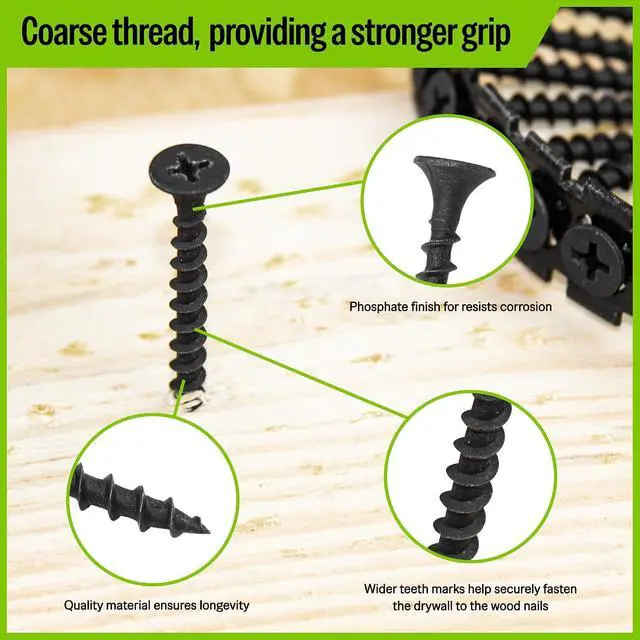 Alt view image 3 of 7 - Collated Drywall Screws, #6 x 1-1/4" Coarse Thread Wood Screws for Drywall Screw Gun, Phosphate Finish Black Screws for Drywall to Wood (1,000 Counts)