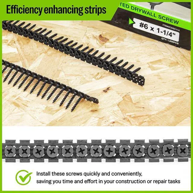 Alt view image 4 of 7 - Collated Drywall Screws, #6 x 1-1/4" Coarse Thread Wood Screws for Drywall Screw Gun, Phosphate Finish Black Screws for Drywall to Wood (1,000 Counts)