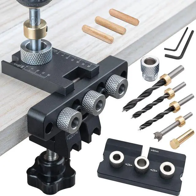 Main image of 3-in-1 Dowel Jig Kit - Pocket Hole Jig with Adjustable Woodworking Drill Locator, 8/10/15mm Bits, Precision Guide for Furniture Assembly, DIY Projects, Durable Aluminum Alloy