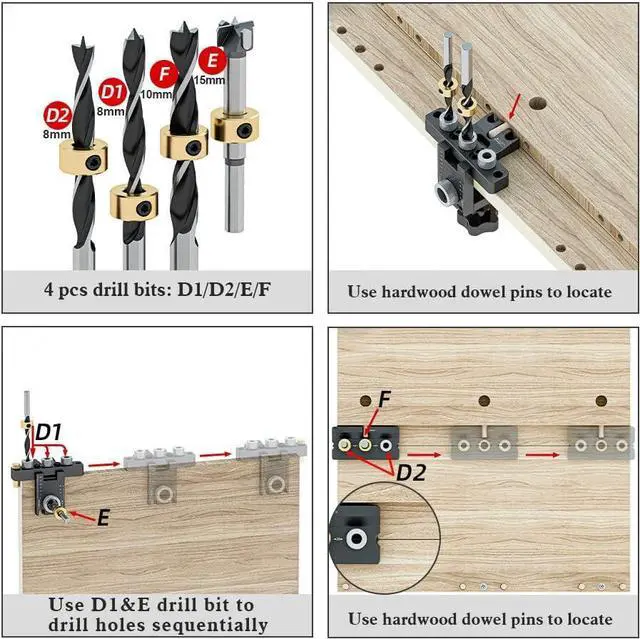 Alt view image 6 of 6 - 3-in-1 Dowel Jig Kit - Pocket Hole Jig with Adjustable Woodworking Drill Locator, 8/10/15mm Bits, Precision Guide for Furniture Assembly, DIY Projects, Durable Aluminum Alloy