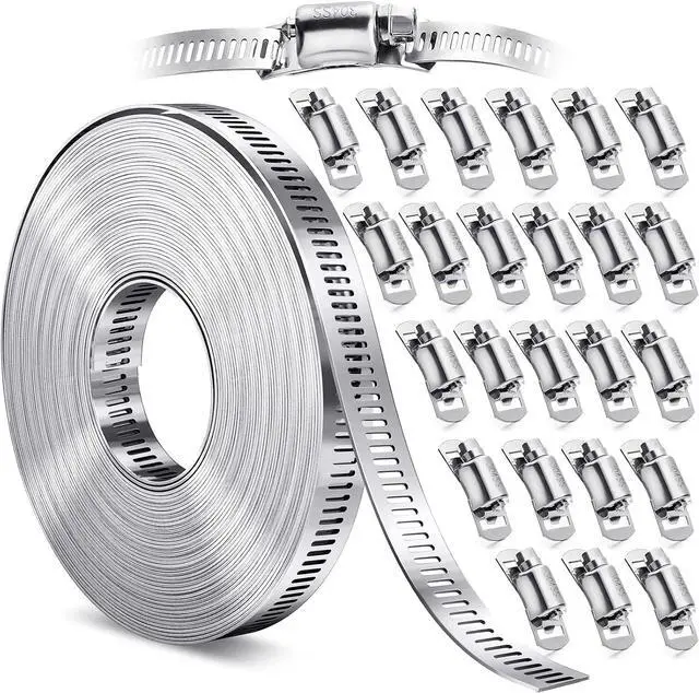 Main image of Hose Clamps- Stainless Steel Hose Clamp DIY 50FT Metal Strap + 24 Stronger Fasteners Large Adjustable Worm Gear Clamps for Fuel Line, Plumbing, Automotive, Mechanical, Pipe, Tube,Garden,Duct