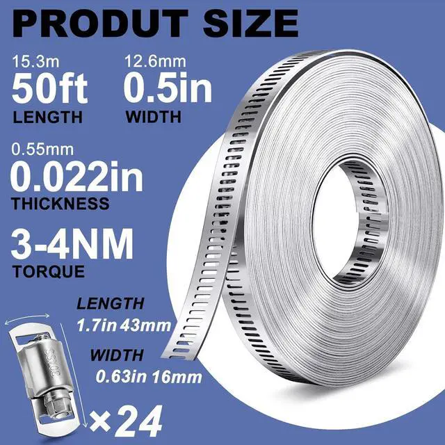 Alt view image 2 of 6 - Hose Clamps- Stainless Steel Hose Clamp DIY 50FT Metal Strap + 24 Stronger Fasteners Large Adjustable Worm Gear Clamps for Fuel Line, Plumbing, Automotive, Mechanical, Pipe, Tube,Garden,Duct