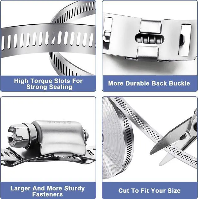 Alt view image 4 of 6 - Hose Clamps- Stainless Steel Hose Clamp DIY 50FT Metal Strap + 24 Stronger Fasteners Large Adjustable Worm Gear Clamps for Fuel Line, Plumbing, Automotive, Mechanical, Pipe, Tube,Garden,Duct