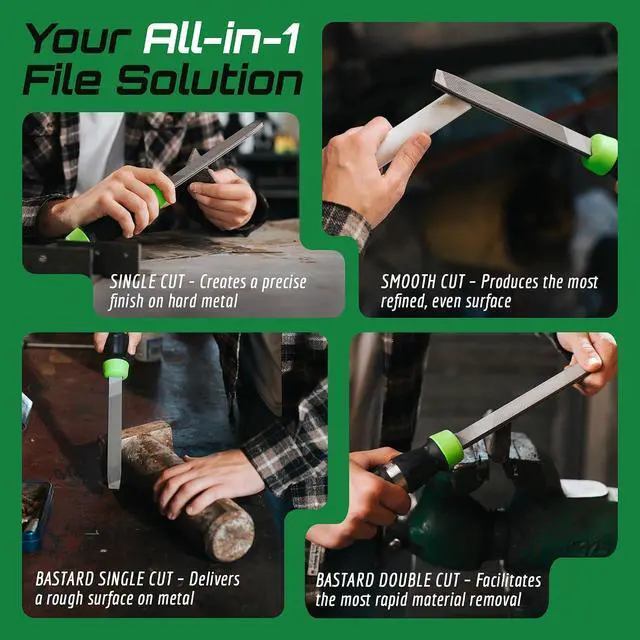 Alt view image 4 of 7 - File 4-in-1 Metal File Tool Bastard, Smooth, Double & Second Cut | Sharpens knives, deburrs metal, shapes plastic & aluminum, removes rust quick-swap grades, fits most toolboxes