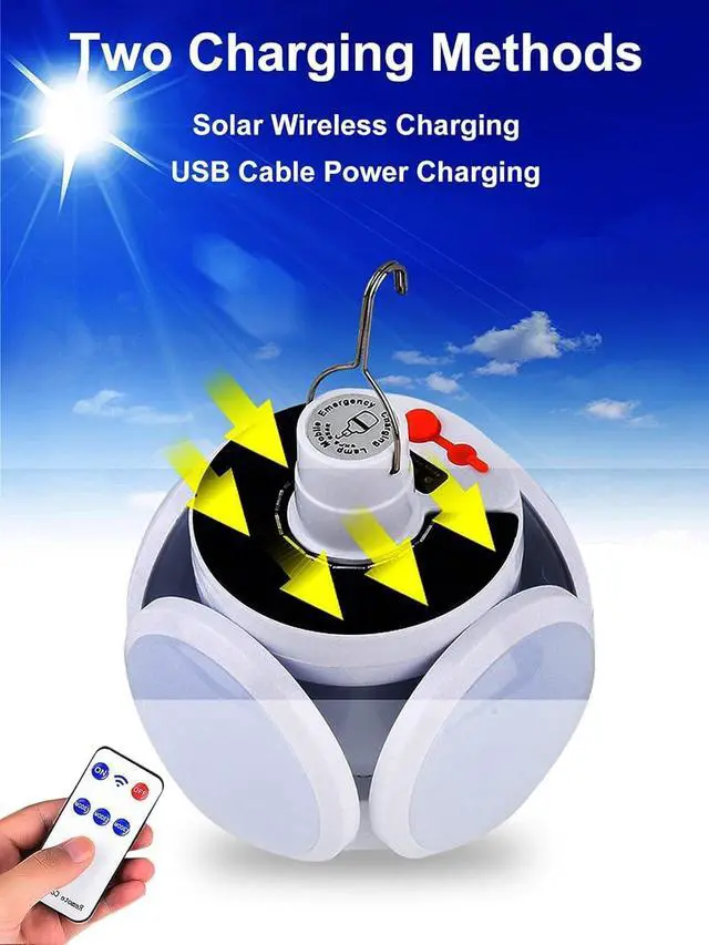 Alt view image 2 of 7 - Solar Camping Lantern, Portable Tent Lamp with Hanging Hook, Folding LED Football Bulbs Rechargeable USB Camping Lights for Home, Office, Tent, Car, Emergency Outages (2pack)