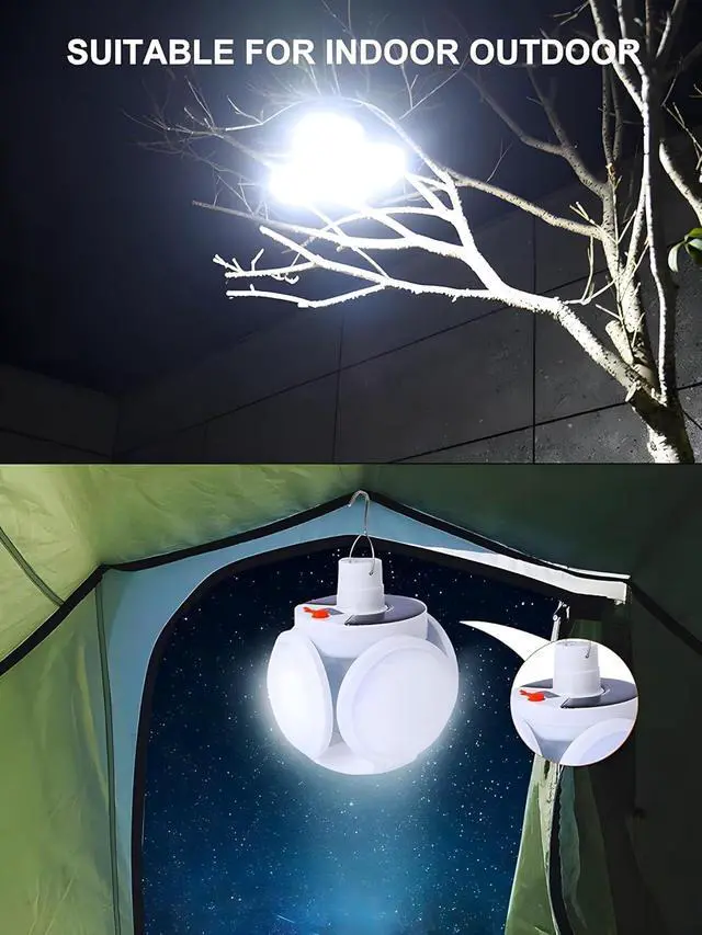 Alt view image 7 of 7 - Solar Camping Lantern, Portable Tent Lamp with Hanging Hook, Folding LED Football Bulbs Rechargeable USB Camping Lights for Home, Office, Tent, Car, Emergency Outages (2pack)