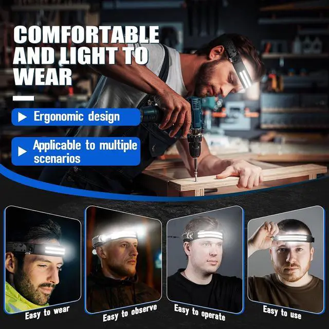 Alt view image 5 of 7 - Rechargeable Headlamps 12 Pack, LED Headlight 230° Ultra Wide Beam, 6 Modes Waterproof Head Lamp, Hands-Free Forehead Light for Camping, Hiking, Running, Outdoor Gear