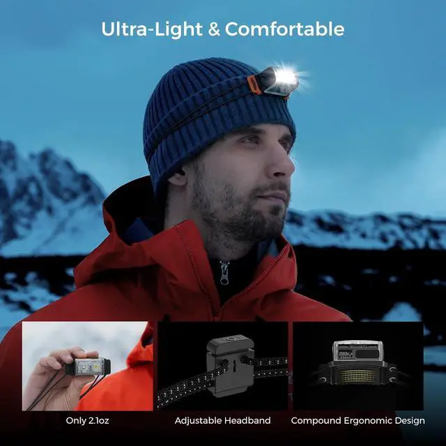 Alt view image 3 of 7 - 1-600 Lumen Ultra Bright Lightweight Headlamp, USB-C Rechargeable Outdoor Headlamp with White Red Light, Adjustable Headband for Camping, Back Packing, Hiking, Fishing