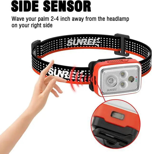 Alt view image 3 of 7 - 700 Lumens Rechargeable Headlamp with RGB Light, Motion Sensor, Stepless Dimming, IPX6 Waterproof, 2200mAh Battery, 5700K, Spot/Flood/Combo Beam, Red Flash, Type-C Lightweight Headlight