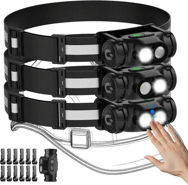 Main image of Rechargeable Headlamp 3PCS, High Lumens Bright Head Lamp Led with Motion Sensor, 4 Modes, Magnet, Detachable Flashlight & Headband for Adult,Running,Outdoor,Emergency,Hard Hat Light