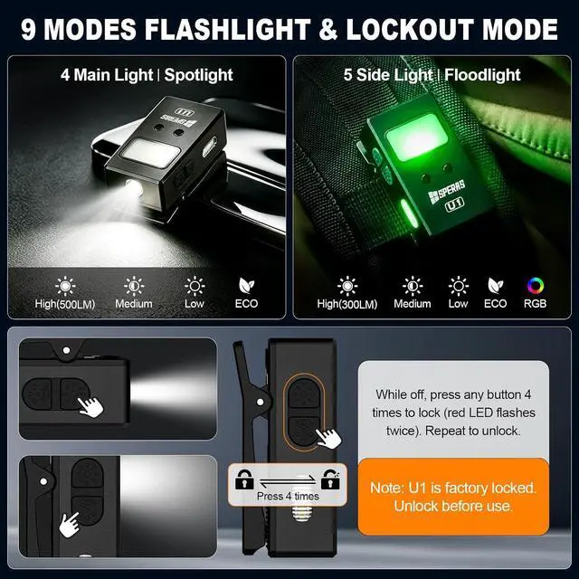 Alt view image 3 of 7 - U1 EDC Clip-on Flashlight, 500 Lumens Rechargeable Magnetic IP65 | Hands-Free Flat Pocket Light, Spot/Flood/RGB Modes, Waterproof Mini USB-C Sensor Work Light for Camping, Cycling, Emergencies