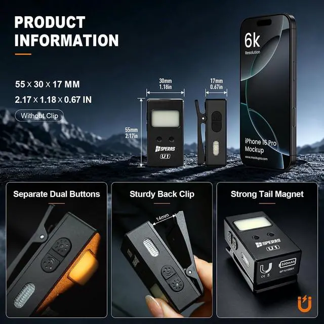 Alt view image 7 of 7 - U1 EDC Clip-on Flashlight, 500 Lumens Rechargeable Magnetic IP65 | Hands-Free Flat Pocket Light, Spot/Flood/RGB Modes, Waterproof Mini USB-C Sensor Work Light for Camping, Cycling, Emergencies