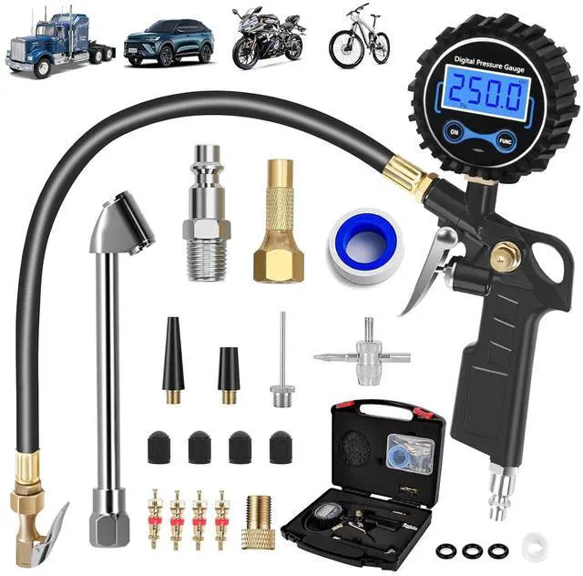Main image of Digital Tire Pressure Gauge with Inflator 250 PSI, Heavy Duty 360° Air Chuck Air Compressor Attachments, Improved Leaks Protection & Extended Hose Tire Gauge, 0.1 Display Resolution, with Storage Box